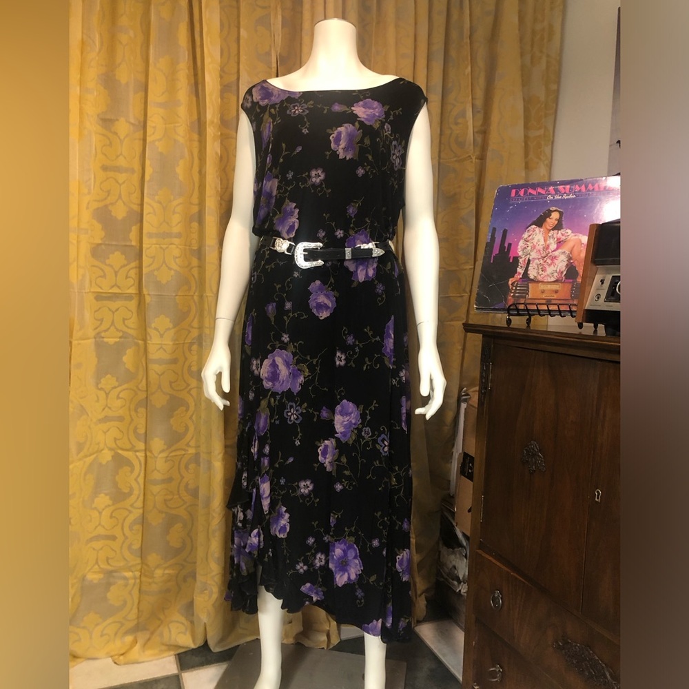 Coldwater Creek Dark Floral Maxi Dress with Ruffled Hem